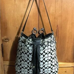 Coach Black and Cream Signature Drawstring Shoulder Bag
